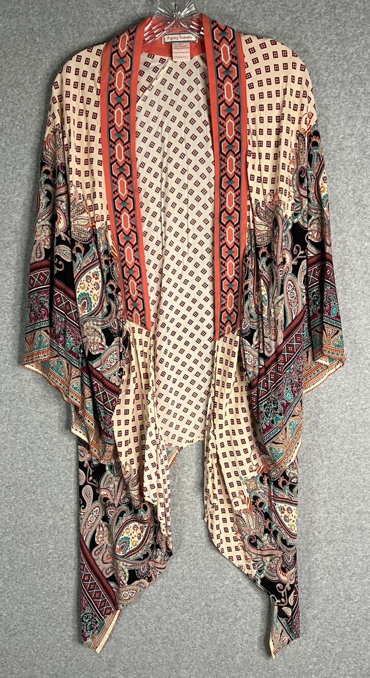 Flying Tomato Rayon Kimono M/L Paisley Print Open Front Boho Duster